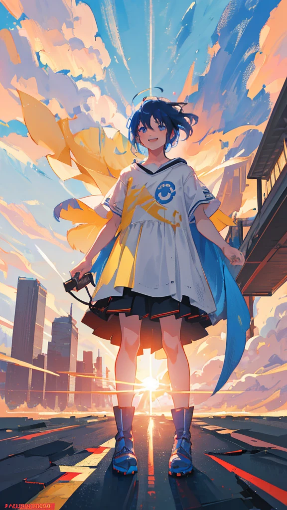 A close up of A man 1boy Walking Facing Right, high angle perspective, a Mouth Smile, Face style, Black with Blue Japanese Hairstyles For Men, Yellow_Eyes, skill Efforts, light, Blue flames cool, High, a anime Highest style, Blue Hair, powerful, T-shirts, Color cape Blue, a in cool Realistis, a scenery sunset background Buram Perbesaran, digital anime style, sunset, UHD, Lens flare, digital Style, manga cover style, 3d cg rendering, HD Best quality