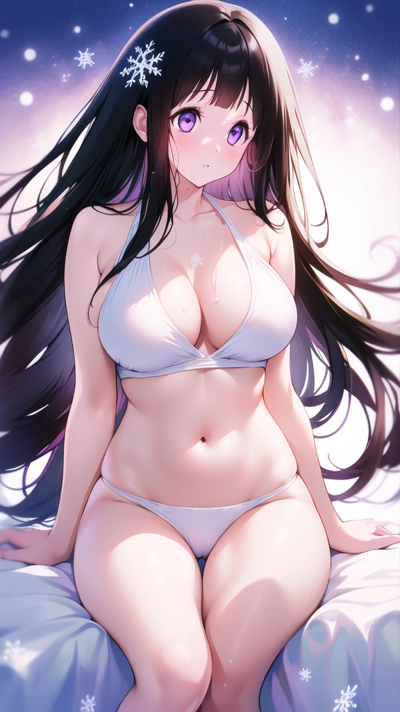 Chitanda,只有一个beautiful girl,Purple Eyes, Black Hair, Natural straight hair, Straight bangs,Extremely refined,open your lips,Face is so red,Very white skin,Skin as delicate as porcelain,Glowing skin,big eyes,Flowing long hair,beautiful girl, Like a dream,Slim,Slim waist,Soft, (Sensual), (Kawaii), Dream quality,Sweaty and sweaty,Wet skin,Side breasts,snowflake,Playing in the snow on the snow mountain,Looking up,Looking up,White transparent bikini,Profile,(Completely naked),Gluteal groove,The outline of the breasts is visible through clothing,Completely naked的背部,nacked hip,very close,Deep V neckline,Loose neckline,Beautiful big breasts,No pants,nopan,no pants,Bare shoulders,There are no shoulder straps,Exposed collarbone,Delicate clavicle,Delicate hands and feet,Bare neck,There are no clothes around the neck,Bare thighs,Exposed groin,Camel toe,extremely shy,Ultra-high resolution, (masterpiece:1.2, best quality), (Delicate and beautiful eyes: 1.2), (Beautiful and delicate face)