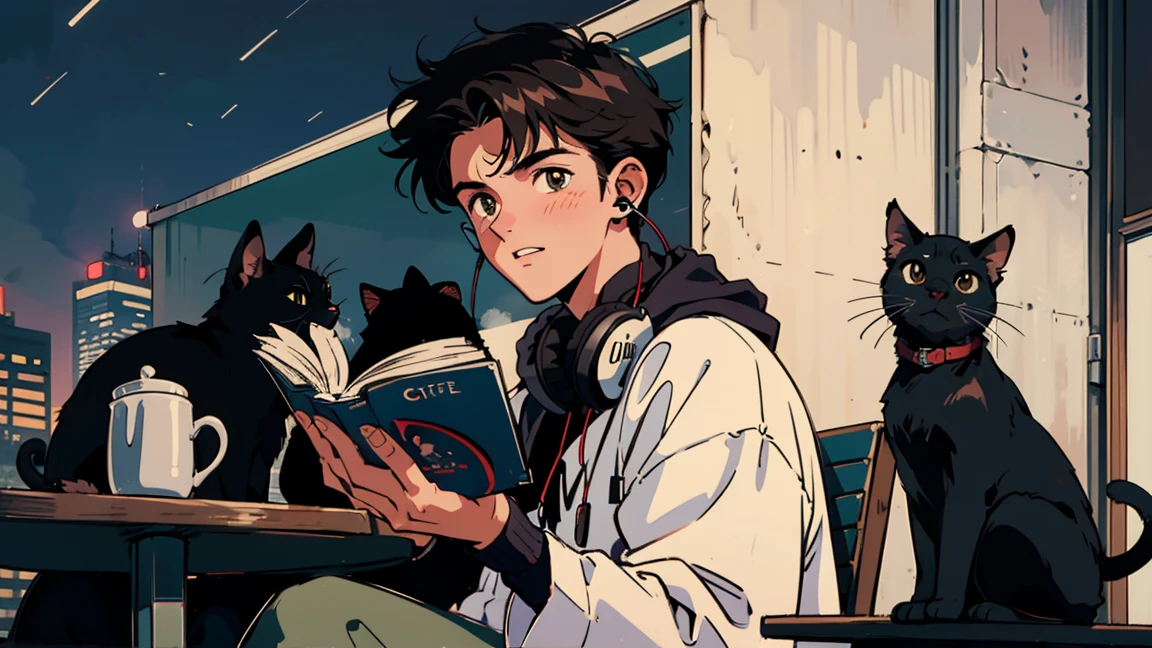best quality, 8k, 1990s style,2010s hairstyles, 21-year-old boy, black hair, light brown eyes, city pop, pants ,night view, wearing headphones,reading a book, whole body, relax coffee,table,confection,Looking at me, Black cat