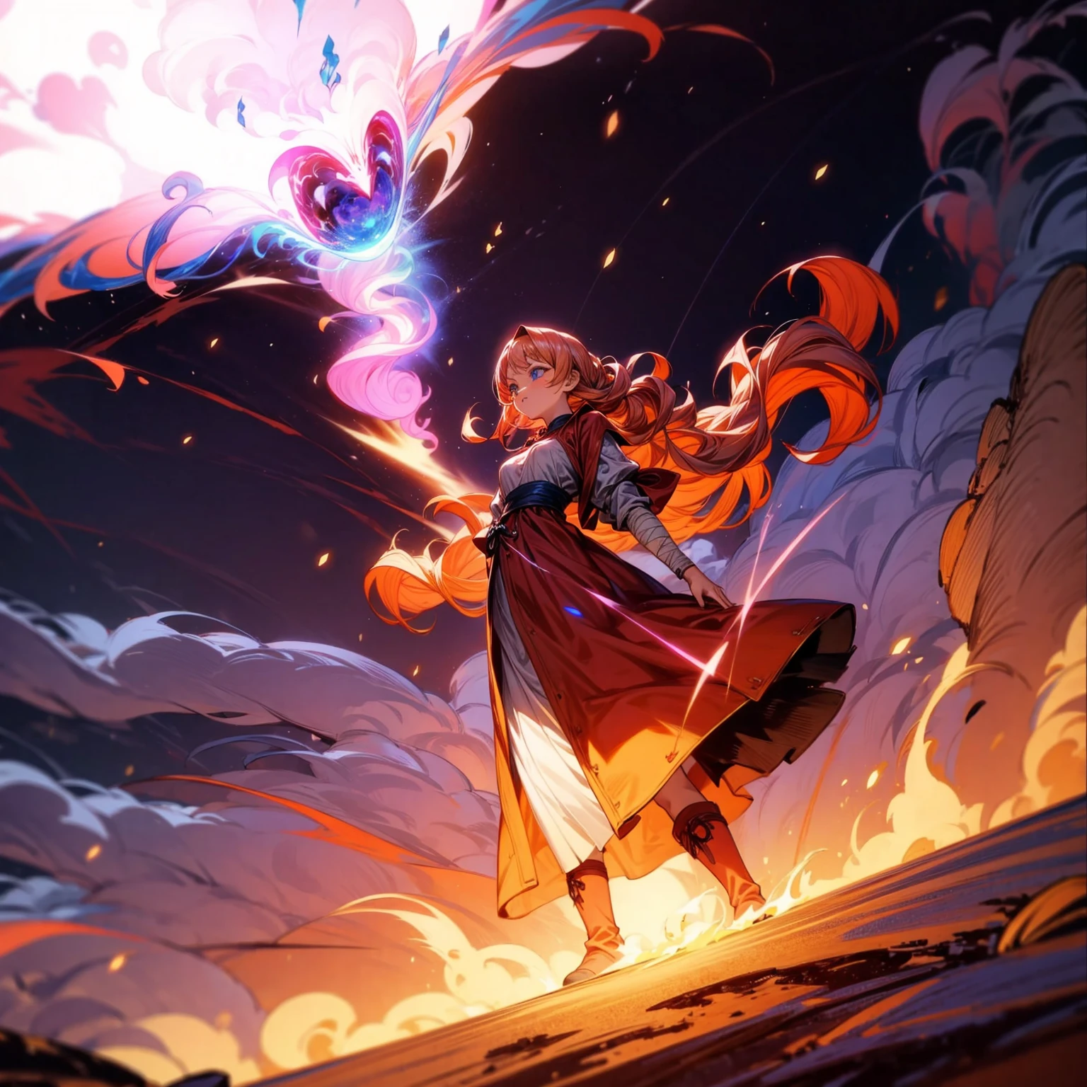 1woman, 1character, woman version, blue eyes, long Curly haircut, pink colour hair, Ancient Roman clothing, red colour clothing, long dress, boots, Bandage on hand, Grassroots, background in field town, motion blur, fire burned in hand, (dragon ball style art), (high angle view), smoke effect, aura effect, blue lighting, (the largest blue fireball), Moonlight, moon, blue fireball light silhouette, blue fire, lightning flash, plasma effect 