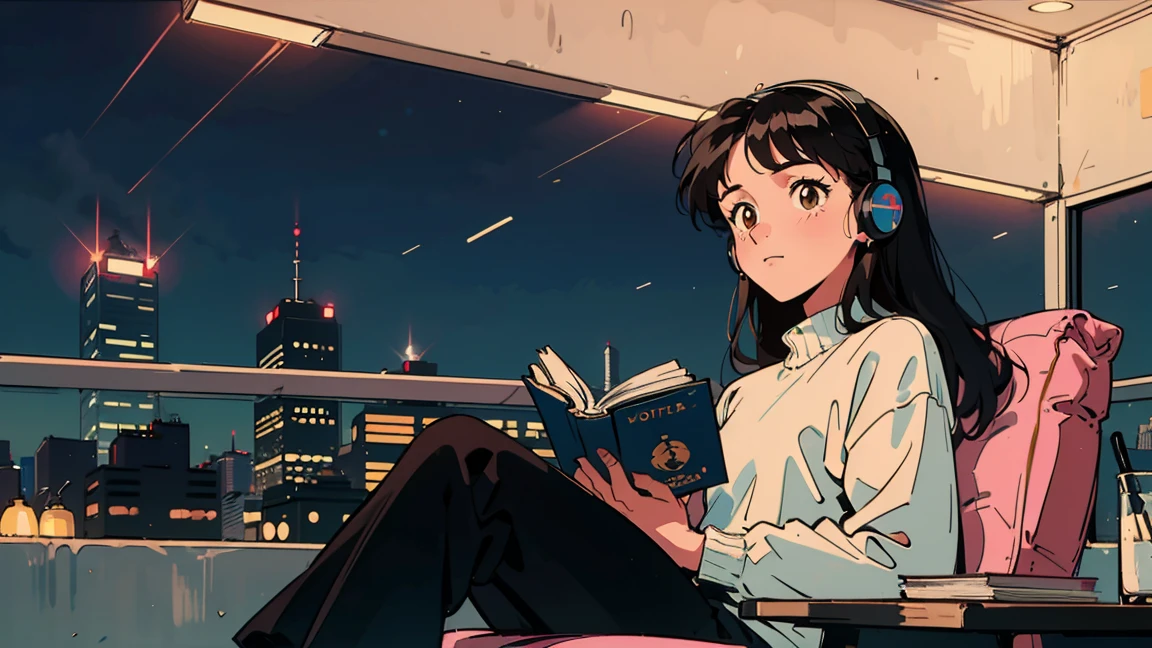best quality, 8k, 1990s style,2010s hairstyles, 21 year old girl, black hair, long hair, light brown eyes, city pop, pants ,night view, wearing headphones,reading a book, whole body, relax coffee,table,confection,Looking at me, Black cat
