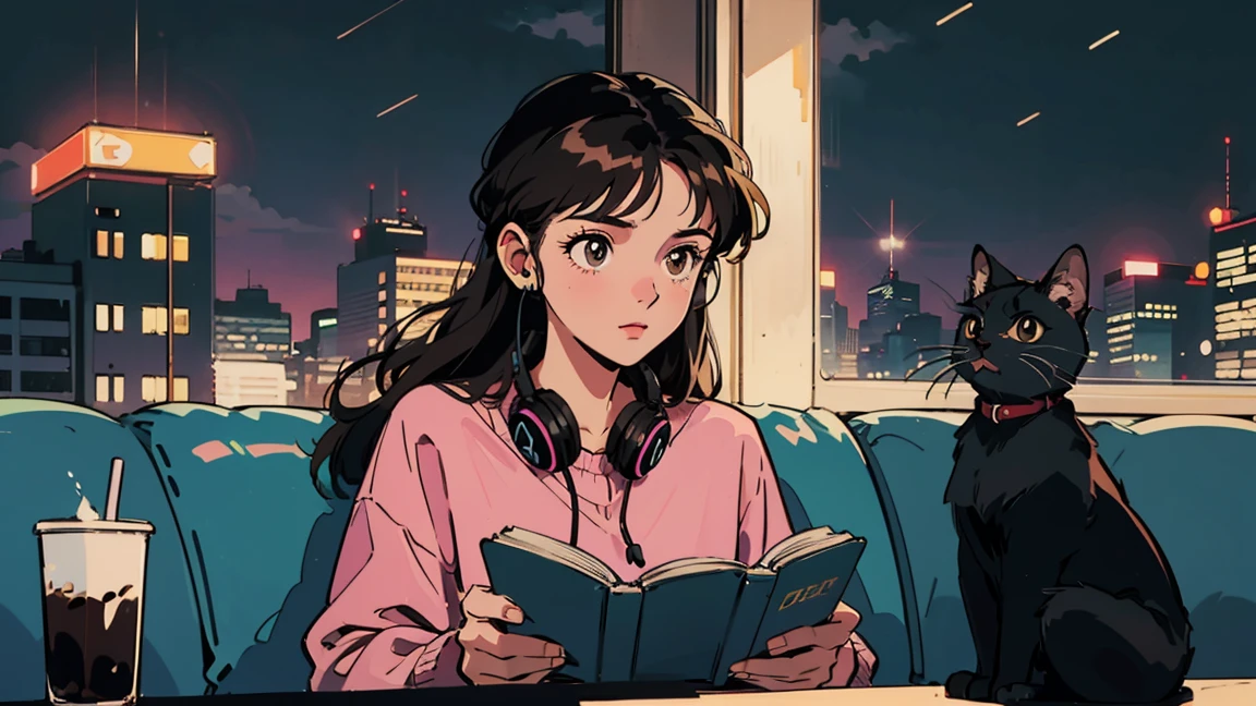 best quality, 8k, 1990s style,2010s hairstyles, 21 year old girl, black hair, long hair, light brown eyes, city pop, pants ,night view, wearing headphones,reading a book, whole body, relax coffee,table,confection,Looking at me, Black cat