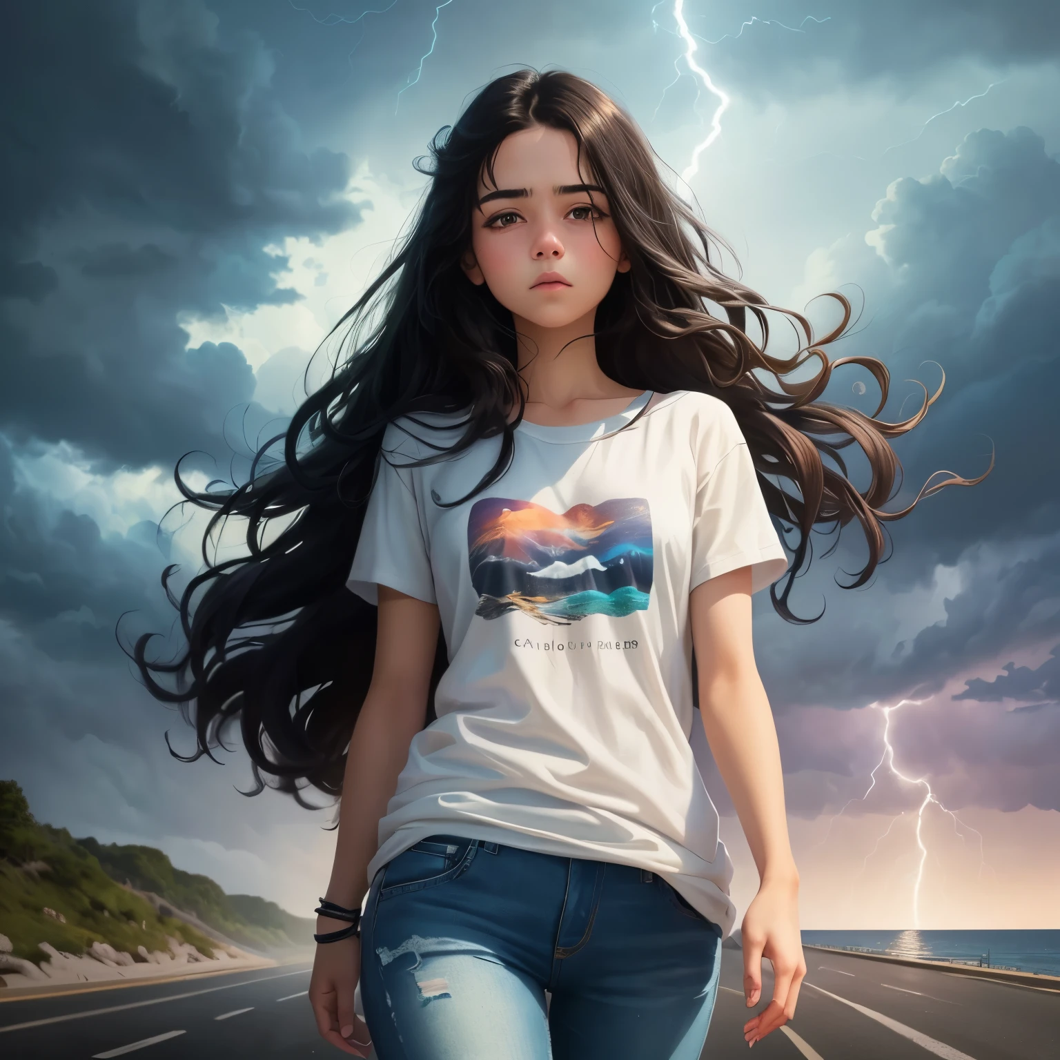 ((best quality)), ((masterpiece)), (detailed), A digital illustration of a long black haired teenage girl walking on the road near the ocean at night wearing white t-shirt and blue jeans with dark clouds and lightning in background. The girl is having sad expression on her face