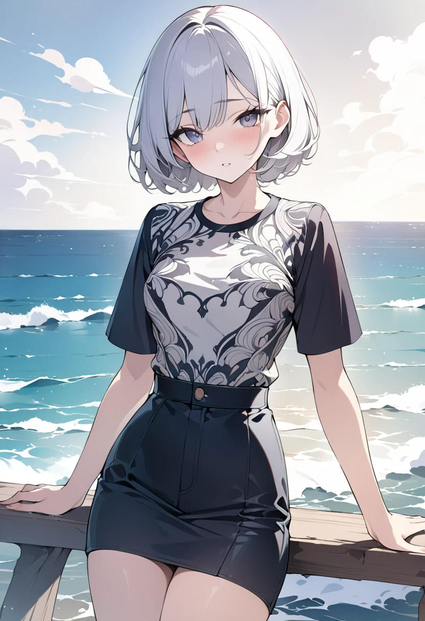 (Short-sleeved,White),(Fashionable),(Model),(Woman),(In her 20s),(Sea),(best quality:1.2),(master piece:1.2),(8k),(16k:1.2),(Illustration),(Best Quality:1.2),(Ultra-detailed:1.2),(top-quality:1.2),(masterpiece:1.2)