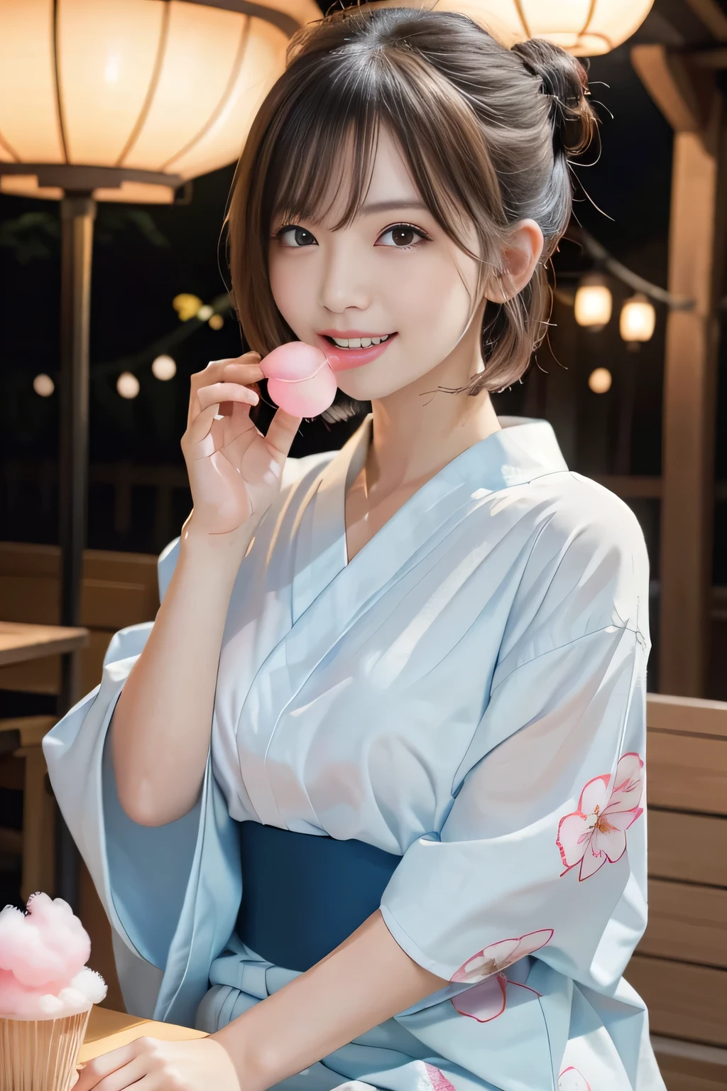 top-quality,fullbody shot,,super high resolution,(Realistic:1.4),Raw photography, Jersey,

generally, (Girl in A floral Yukata:1.2), Blowing in the wind,Summer festival,night,Opening a store,Spirit Stream,Large fireworks, short hair bun Break 8K, (RAW Photos: 1.2), (realism: 1.4), (Tabletop: 1.3), (Exquisite detail: 1.2), Delicate and beautiful details, (Eye details), (Facial details), (highest quality) :1.4), (Super Resolution: 1.2), Cinematic light, (Highly detailed illustration), (eyelash, highest quality, Super Resolution, Depth of written boundary, Wide Light, Natural Shadows,random cute pose, large breasts, five fingers, big smile, (While eating cotton candy:1.2),  (Japanese Summer festival:1.2), 