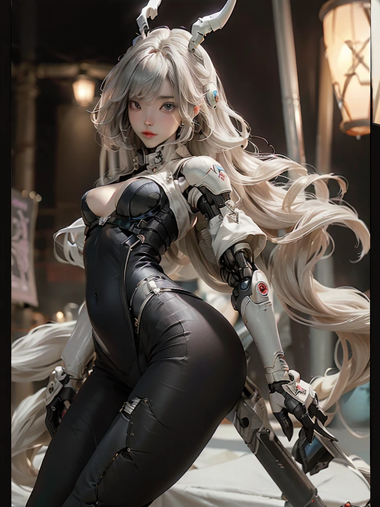 Extremely cute human eighteen year old girl face, human torso, human huge boobs, human abdomen, human hips, robotic arms, mechanical legs, arms and legs with hard white shiny shell and black joints, very beautiful and feminine, short, petite, small, small, busty buttocks, medium bust, cleavage display, flat belly display, partial helmet with antenna on the ear, black robot joints, very stylish, award-winning product design, black rubber tights, Shiny white metal cuirass opens at cleavage and belly, white metal rump with folds, armor with stylish, glowing trim, mecha fox tail