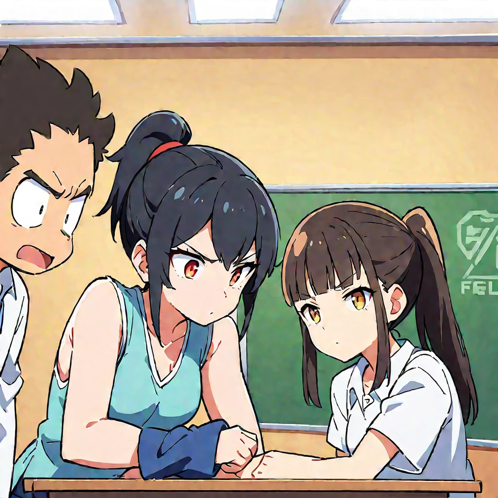 (Highest quality、masterpiece、High resolution、detailed)1 girl、(Black Hair、ponytail:1.2)、(high school student、uniform)、(Arm wrestling with friends:1.3)、Serious expression、School classroom、(Highest quality、masterpiece、High resolution、detailed)Anime Style、Flat Style、(Shining Eyes、detailed美しい顔),