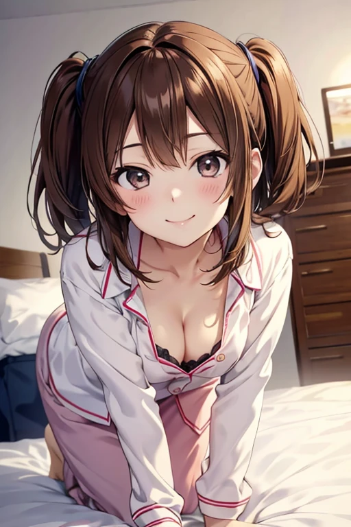 Simple Background,(anime:1.3),Detailed face,Detailed Description,1girl,Brown hair,Two Side Up,(Teasing smile:1.3),Detailed hair,Upward glance,From above,Office Shirt,pajamas,Cleavage,Flat breasts,(Half-open eyes,Squint eyes:1.3),(Petite),bedroom,onbed,On all fours