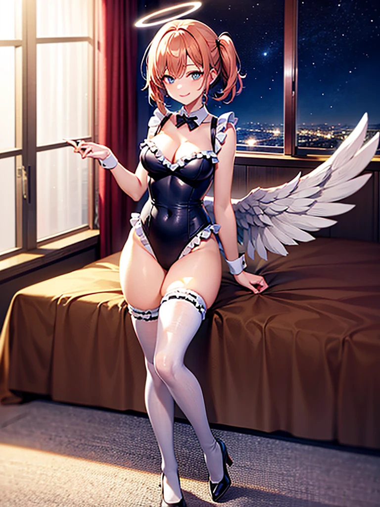 Highest Resolution,8K quality,Smiling beautiful girl in maid leotard,High leg,(((Frills))),White angel wings on your back,Halo,Bedroom,Night view outside the window,Very beautiful eyes,whole body,front,Knee-high stockings,Drink,