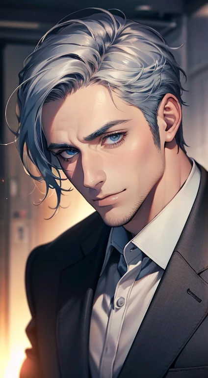 (best quality,4k,8k,highres,masterpiece:1.2),ultra-detailed,(realistic,photorealistic,photo-realistic:1.37),1 man,31 years old,mature man,very handsome,without expression,smile,short grey blue hair,blue eyes,penetrating gaze,perfect face without errors,imposing posture,businessman,office background,cinematic lighting,hdr image