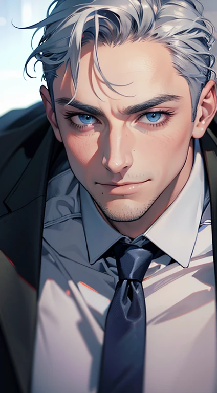 (best quality,4k,8k,highres,masterpiece:1.2),ultra-detailed,(realistic,photorealistic,photo-realistic:1.37),1 man,31 years old,mature man,very handsome,without expression,smile,short grey blue hair,blue eyes,penetrating gaze,perfect face without errors,imposing posture,businessman,office background,cinematic lighting,hdr image