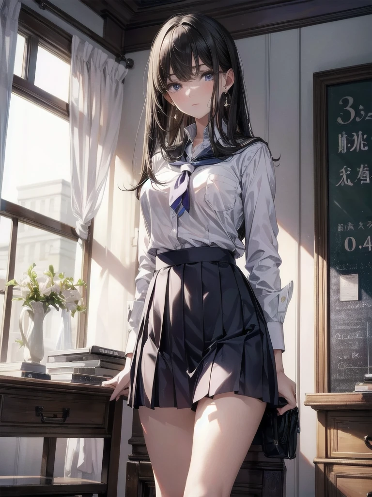 absurdres, RAW photo, extremely delicate and beautiful, masterpiece, Best Quality, ultra high resolution, 32k, hyperrealistic, ultra-detailed, perfect anatomy, super Detailed skin, perfect figure, Super Beauty, Perfect Style, Perfect balance, 20 years old, very small head, very small face, delicate facial features, detailed face, detailed eyes, tearful mole, earring, very huge round breasts, legs, medium hair, whole body shot, indoor, ((school_uniform)),