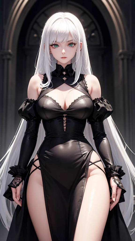 girl with white hair,with bangs, black gloves, green eyes, gothic,4K, masterpiece, perfect body, stem,perfect eyes, perfect shading, perfect lighting, best quality, work of art, ultra detailed, detailed clothing