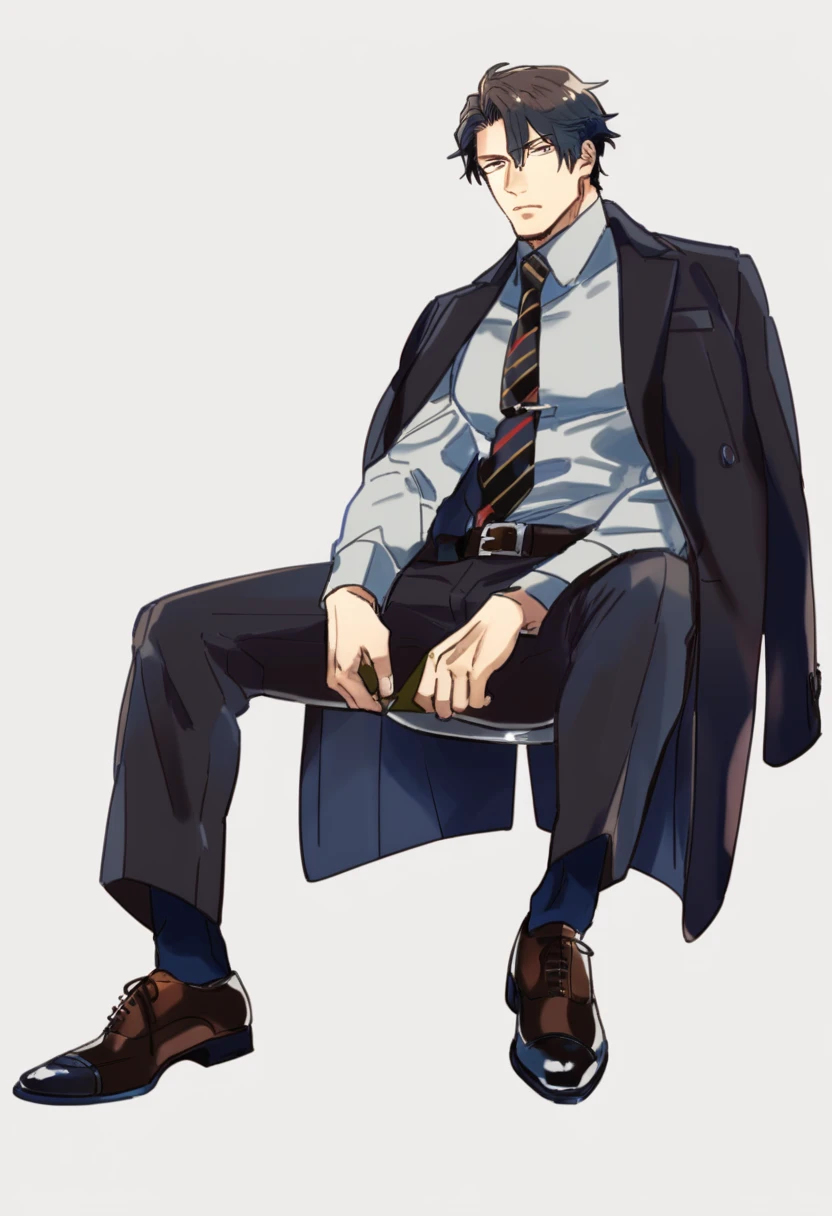 male focus, solo, ikemen, mature, male only, tough man, bold, eyes fix, flat chest, sturdy waist, 50 years old, office worker, collared shirt, tie, three piece suit, coat on shoulders, belt, slacks, leather shoes, tight clothes, whole body, sitting, invisible chair,  looking at viewer, (white background, simple background:1.5), masterpiece, best quality, mta 