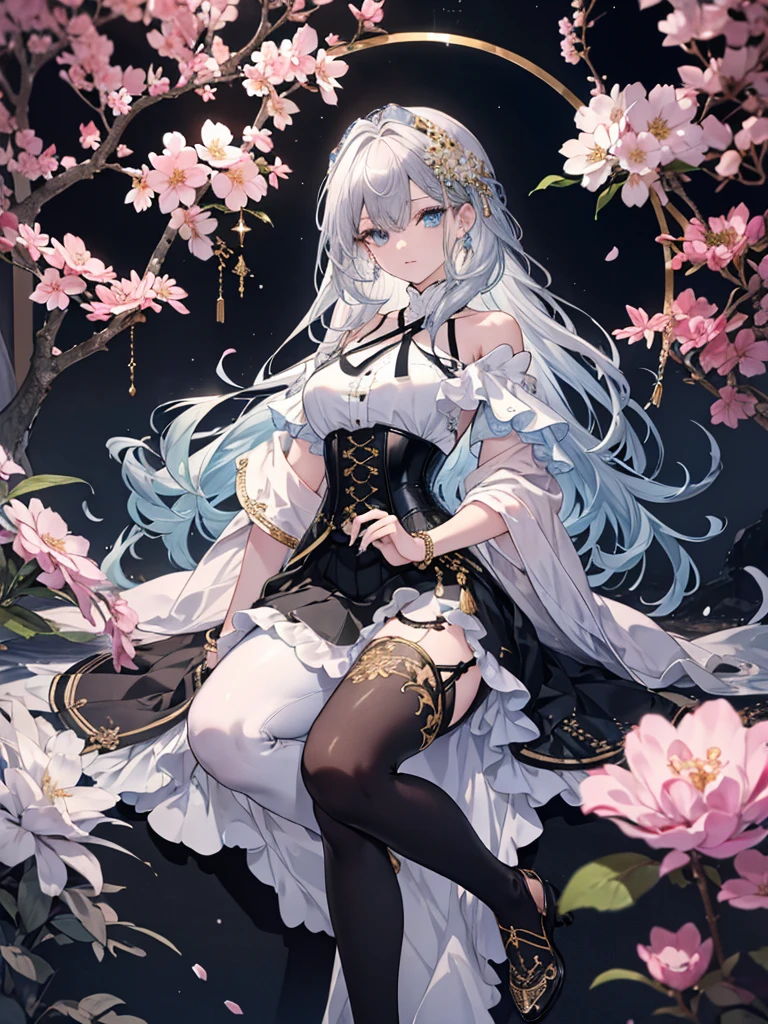 8k,High resolution RAW color art, Anime Art,Silver Marble Skin, (((Highly detailed elegant))), Detailed skin, texture,(Exquisitely crafted, The finer details, Ultra-detailed art), (1 Girl), Depth of written boundary, Silky Touch, Hyper Detail, Cool face, eye shadow、Armed pretty woman, Beautiful attention to detail, Beautiful lip detail, Highly detailed face, Delicate depiction of hair and eyes, Detailed Fashion, Blue sparkling eyes, Earrings, Slightly larger breasts,Full body depiction, ,Focus on the user、Stylish white off-shoulder pants、Black above the knee skirt、corset、Tights up to the knee、Thighs、Golden decoration, Black nails, Gray Hair, Golden bracelet, Long Straight Hair, Light blue outer color、(((Hair)))、sweater、Cherry Blossoms at Night(Lesoonlight、肌面積Lesature)))、Calm background
