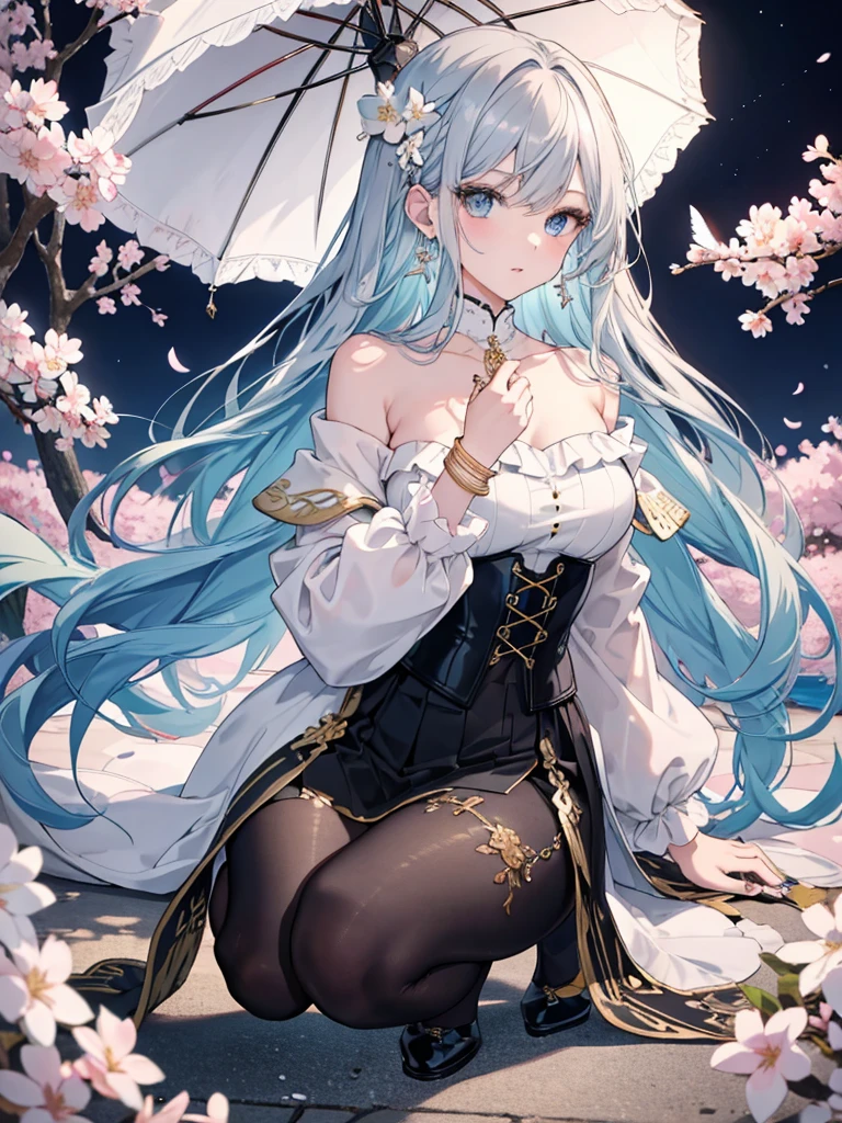 8k,High resolution RAW color art, animation,Sculpture, Silver Marble Skin, (((Highly detailed elegant))), Magical atmosphere, Detailed skin, texture,(Exquisitely crafted, The finer details, Ultra-detailed art), Depth of written boundary, Silky Touch, Hyper Detail, White Background、Beautiful Eyes, Elegant face, Ivory Rose, eye shadow、(Highest quality:1.2, High detail, masterpiece:1.2, Best aesthetics), (1 Girl), Beautiful woman, Beautiful attention to detail, Beautiful lip detail, Highly detailed face, Delicate depiction of hair and eyes, Detailed Fashion, Aqua Eye, Earrings, Big Breasts,Full body depiction, ,Focus on the user、Beautiful black off-shoulder top、Beautiful black above the knee skirt、Tights up to the knee、Thighs、Gold decoration, Black nails, Gray Hair, Gold bracelet, Long Straight Hair, Light blue inner hair、Hair、Red cheeks、Looking up、evening、Cherry Blossom、Fluttering clothes