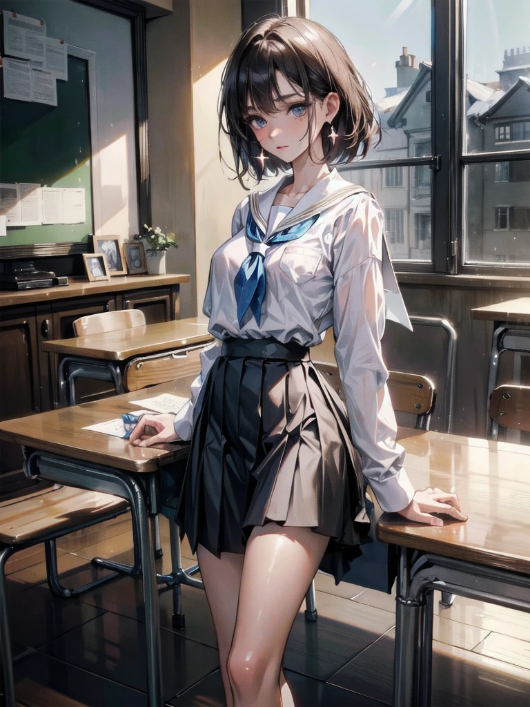 full body, earring, medium hair, medium tits, tearful mole, school_uniform, sailor uniform, sleeveless, school, classroom,