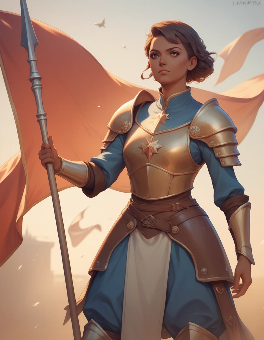 very pretty woman, armor, lanza, banner, brown hair blown by the wind, Dark skin, awards, Masterpiece, box style, ultra detailed, bright background 