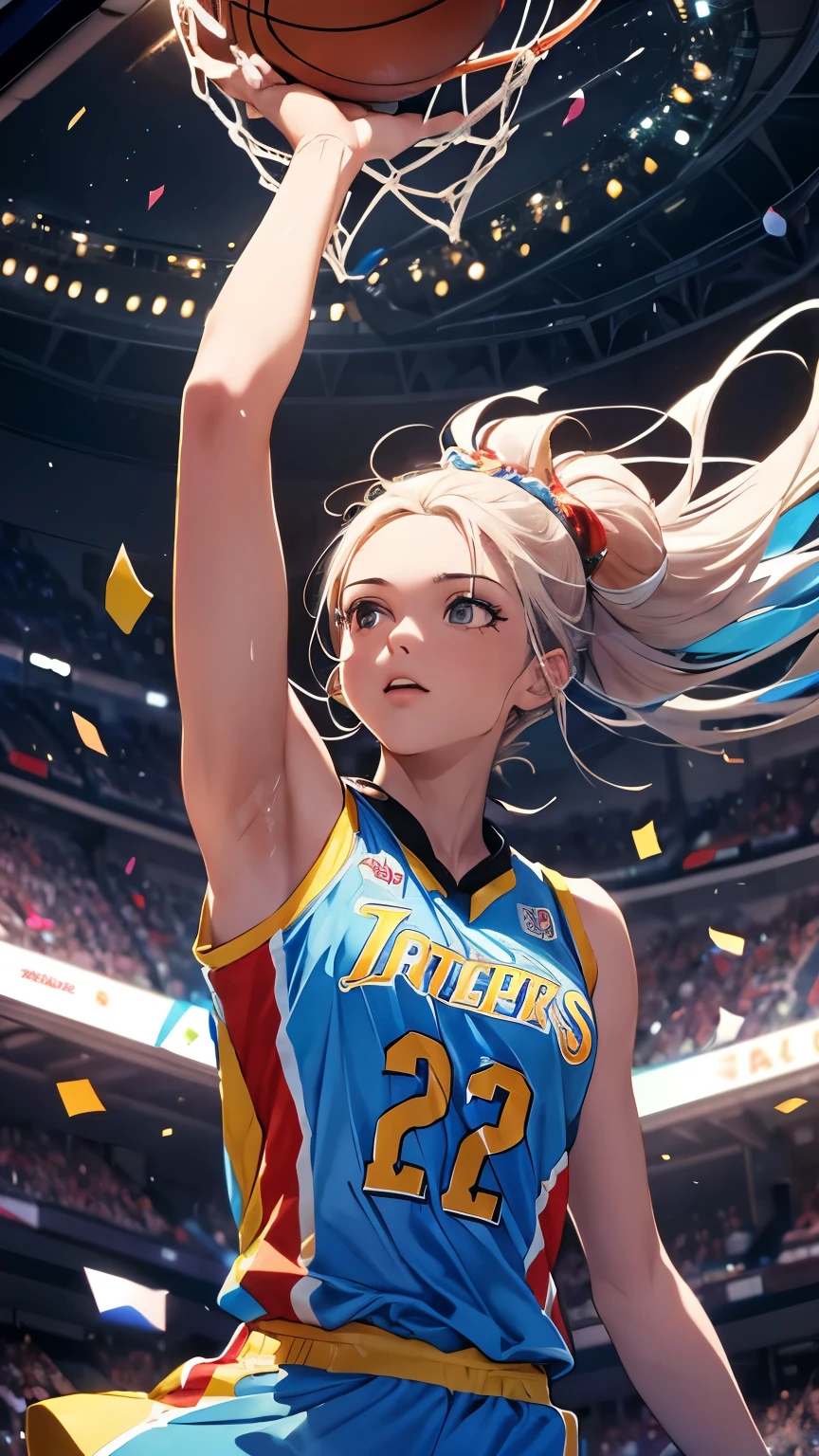 Highest quality, Highest quality, 16K, Unbelievably absurd, Very detailed, delicate and dynamic, Natural light, The particles reflect light, Diffuse reflection of light, Vortex of Light, Lots of rainbow-colored confetti falling, Basketball court, night, illumination, Create amazing image effects, Upper body close-up, (sole sexy girl, Firm bust, , powerful, A game-winning dunk by a professional basketball player, Hollow, Floating in the air, A powerful dunk, Basketball Uniforms,)