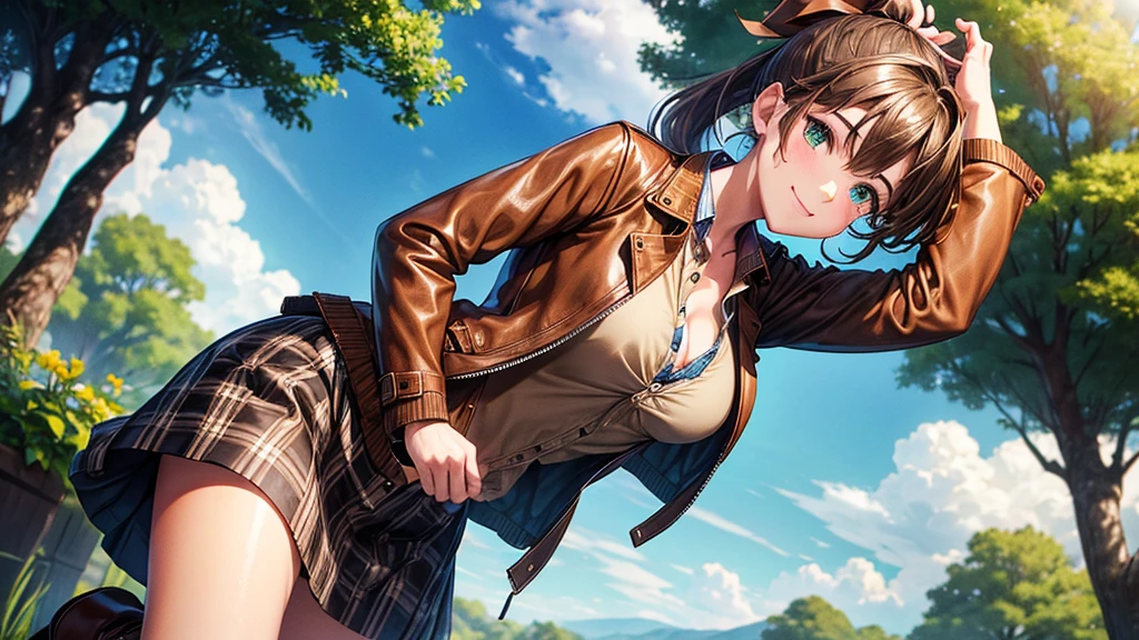 1girl, solo, full body, village, trees, sun, clouds, ((brown hair)), ponytail, large breasts, ((brown leather jacket)), button down shirt, ((blue checked shirt)), ((unbuttoned shirt)), unbuttoning buttons, cleavage 1:3 green eyes, long skirt, brown boots, smile, happy, looking at the viewer, standing, hair ribbon, golden necklate