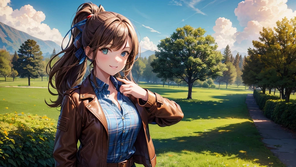 1girl, solo, village, trees, sun, clouds, ((brown hair)), ponytail, large breasts, ((brown leather jacket)), button down shirt, ((blue checked shirt)), ((unbuttoned shirt)), unbuttoning buttons, cleavage 1:3 green eyes, long skirt, brown boots, smile, happy, looking at the viewer, standing, hair ribbon, golden necklate