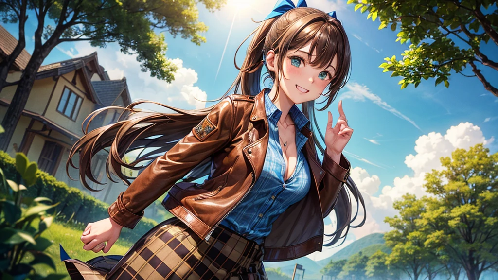 1girl, solo, village, trees, sun, clouds, ((brown hair)), ponytail, large breasts, ((brown leather jacket)), button down shirt, ((blue checked shirt)), ((unbuttoned shirt)), unbuttoning buttons, cleavage 1:3 green eyes, long skirt, brown boots, smile, happy, looking at the viewer, standing, hair ribbon, golden necklate