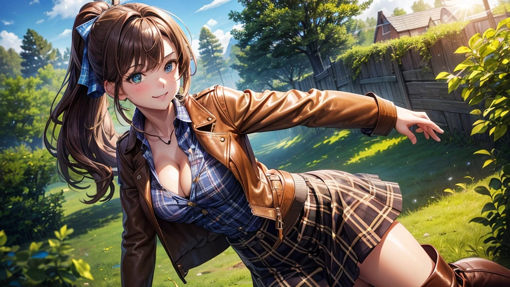 1girl, solo, village, trees, sun, clouds, ((brown hair)), ponytail, large breasts, ((brown leather jacket)), button down shirt, ((blue checked shirt)), ((unbuttoned shirt)), unbuttoning buttons, cleavage 1:3 green eyes, long skirt, brown boots, smile, happy, looking at the viewer, standing, hair ribbon, golden necklate