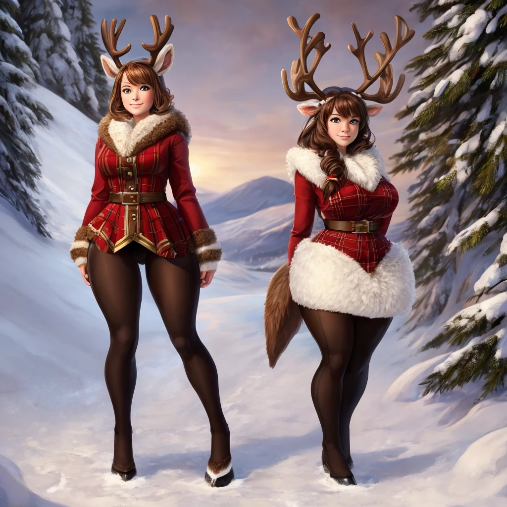 anthropomorphic reindeer-girl, a creature with the body of a human and the characteristics of a reindeer such as cover full body light brown with spotted with fur, hooves as feet , I also have reindeer ears , antlers and a cute reindeer tail. I have the physical abilities of a reindeer, combined with the versatility and intelligence of a human. I have a curvy body like thick tights, a big ass ,  im 6 feet tall.