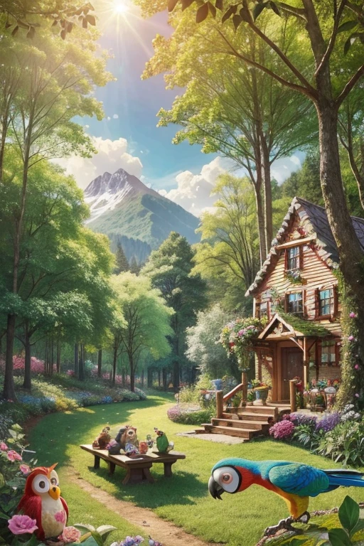 ((best qualityer)) colorful forest illustration, with Tico the parrot highlighted in the center, surrounded by Sofia the owl, Miguel monkey and Tita turtle . Tico could be represented imitating sounds of nature