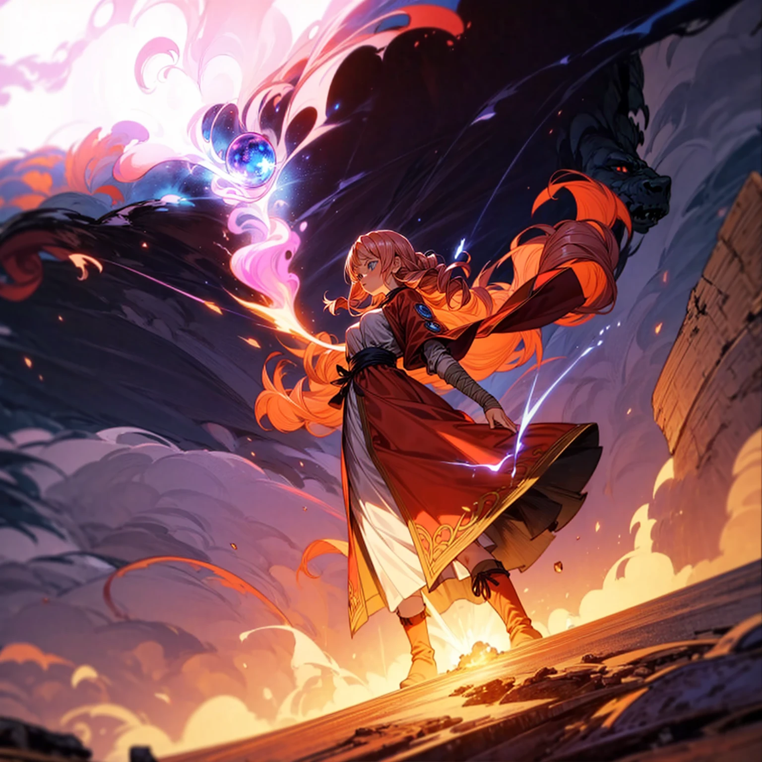 1woman, 1character, woman version, blue eyes, long Curly haircut, pink colour hair, Ancient Roman clothing, red colour clothing, long dress, boots, Bandage on hand, Grassroots, background in field town, motion blur, fire burned in hand, (dragon ball style art), (high angle view), smoke effect, aura effect, blue lighting, (the largest blue fireball), Moonlight, moon, blue fireball light silhouette, blue fire, lightning flash, plasma effect 