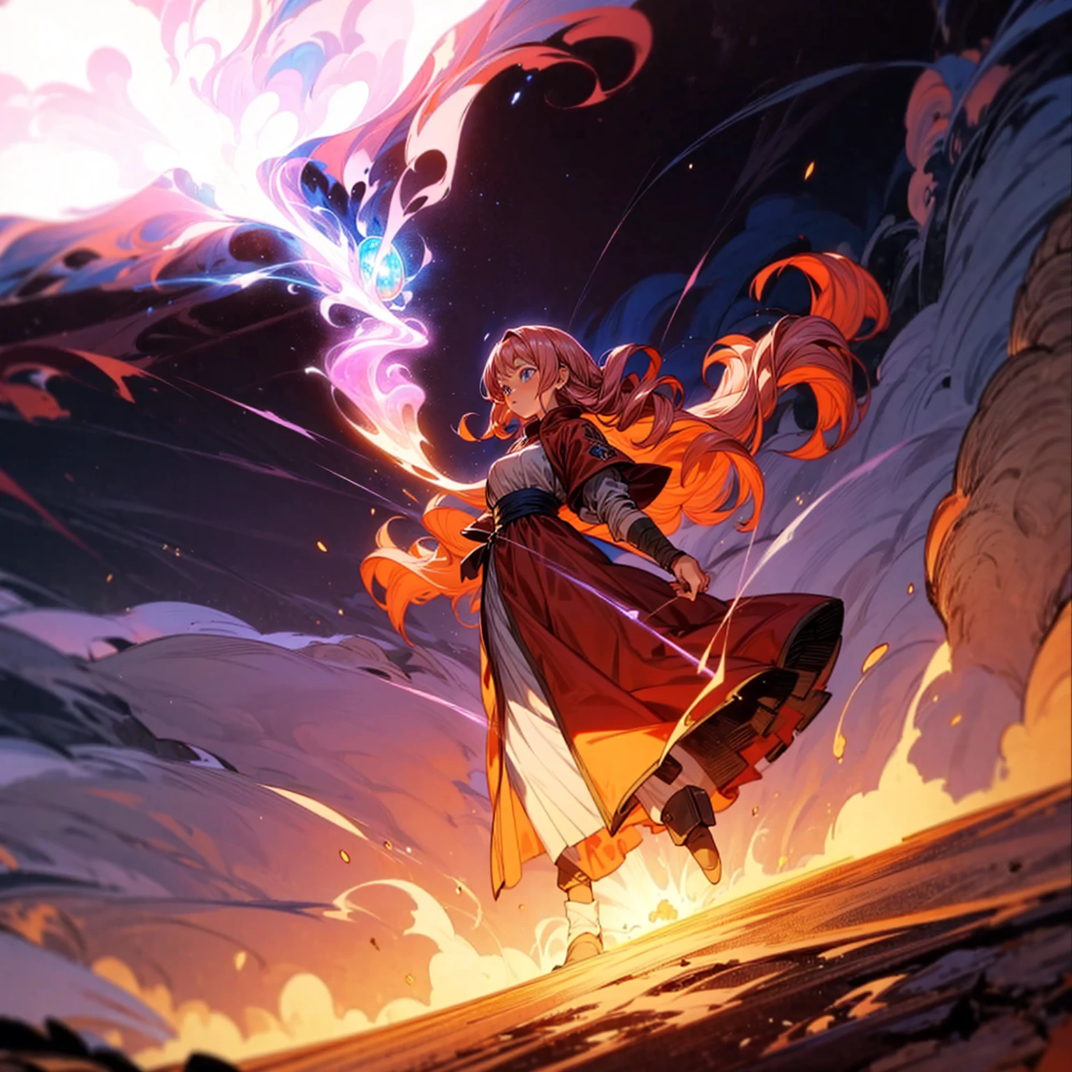 1woman, 1character, woman version, blue eyes, long Curly haircut, pink colour hair, Ancient Roman clothing, red colour clothing, long dress, boots, Bandage on hand, Grassroots, background in field town, motion blur, fire burned in hand, (dragon ball style art), (high angle view), smoke effect, aura effect, blue lighting, (the largest blue fireball), Moonlight, moon, blue fireball light silhouette, blue fire, lightning flash, plasma effect 