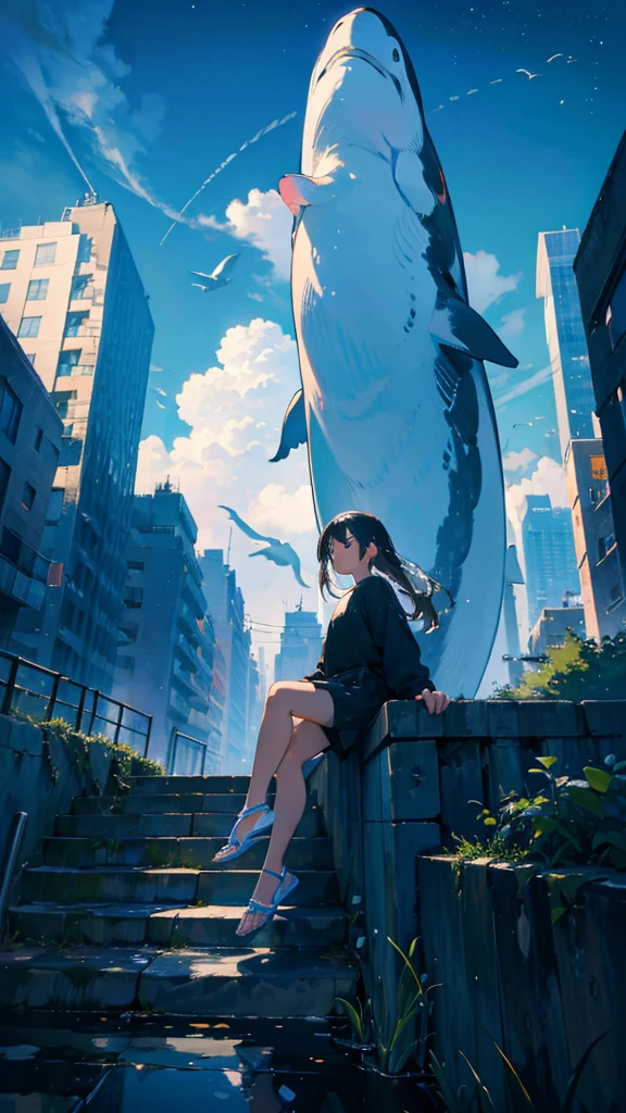 masterpiece, Exquisite detail,Highest quality, One girl, alone, handrail, cloud, Looking up at the buildings,Long Hair, NULL, Long sleeve, Power lines, White footwear, Black Hair, View your viewers, Electric pole, bangs, cloudy NULL, fish, bird, Green Eyes, Shorts, Day, Black Shirt, barefoot,Whale flying in the sky,Giant whale,night,star,milky way,night,Pitch black,Buildings,Sitting