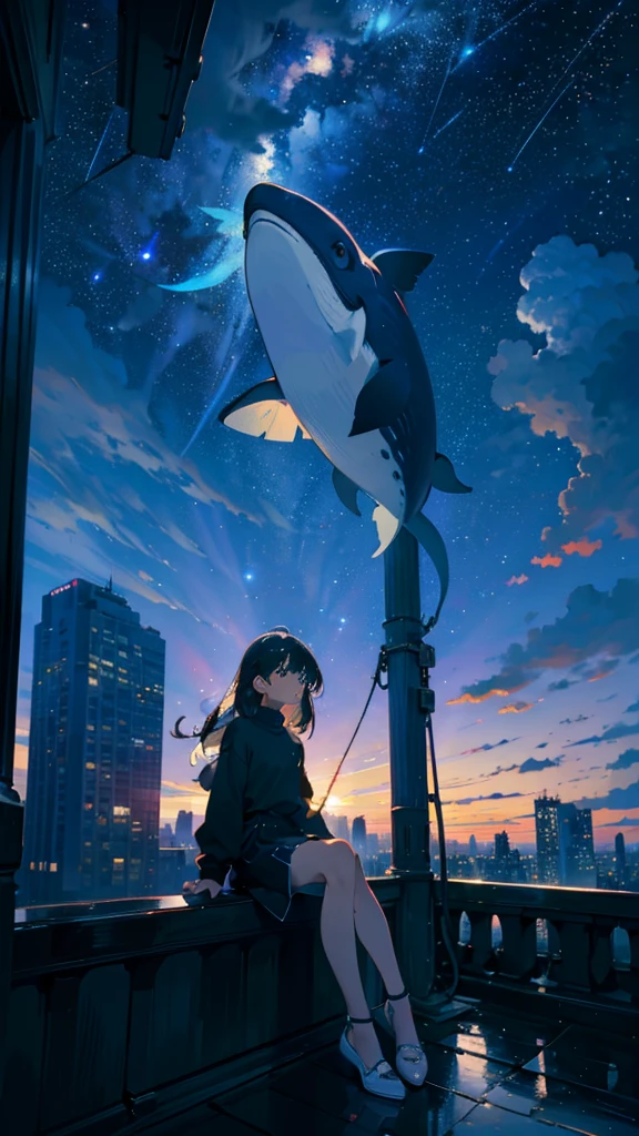 masterpiece, Exquisite detail,Highest quality, One girl, alone, handrail, cloud, Looking up at the buildings,Long Hair, NULL, Long sleeve, Power lines, White footwear, Black Hair, View your viewers, Electric pole, bangs, cloudy NULL, fish, bird, Green Eyes, Shorts, Day, Black Shirt, barefoot,Whale flying in the sky,Giant whale,night,star,milky way,night,Pitch black,Buildings,Sitting