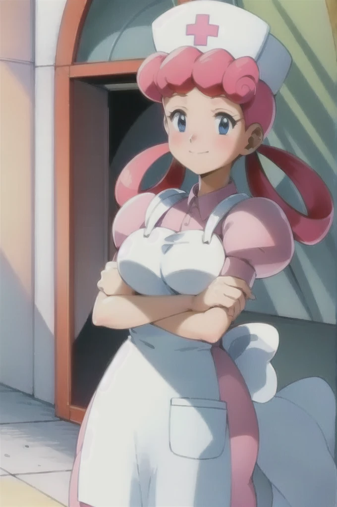 (masterpiece, Highest quality:1.2), nurse joy, Pokemon, blue eyes, Mouth closed, Long Hair, Pink Hair, Short sleeve, nurse, blush, Holding, puffy Short sleeve, Large Breasts, Puff sleeves,  nurse cap, One girl, View your viewers, smile, alone, Have, dress, apron, Hair Ring, clipboard 