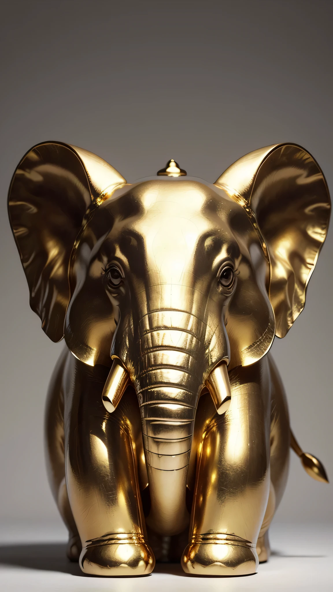 Create a high-resolution image of a luxurious, modern elephant statue. The elephant should be made of shiny, reflective gold metal. The design should be sleek and elegant, with smooth curves and fine details, including its trunk, tusks, ears, and feet. The statue should have a coin slot on its back, similar to a piggy bank, and exhibit a sense of grandeur and majesty. The lighting should highlight the reflective properties of the gold, casting soft shadows and giving the image a polished, professional look. The background should be a neutral gradient, transitioning from light grey to white, to ensure the elephant statue is the focal point of the image.