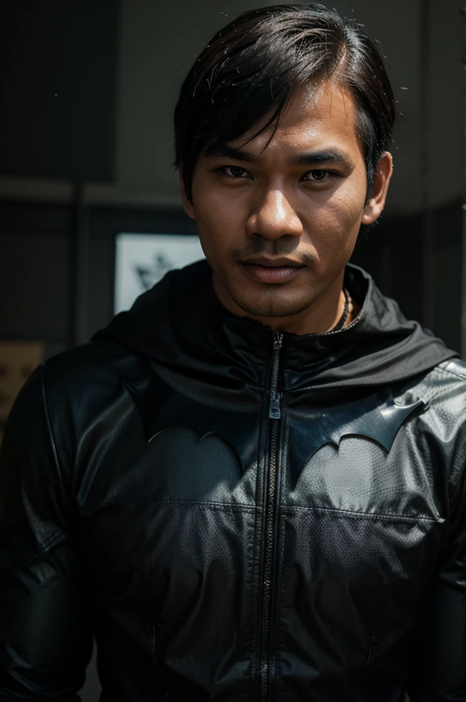 Image of the face of an Indonesian man wearing a BATMAN costume,More singing.