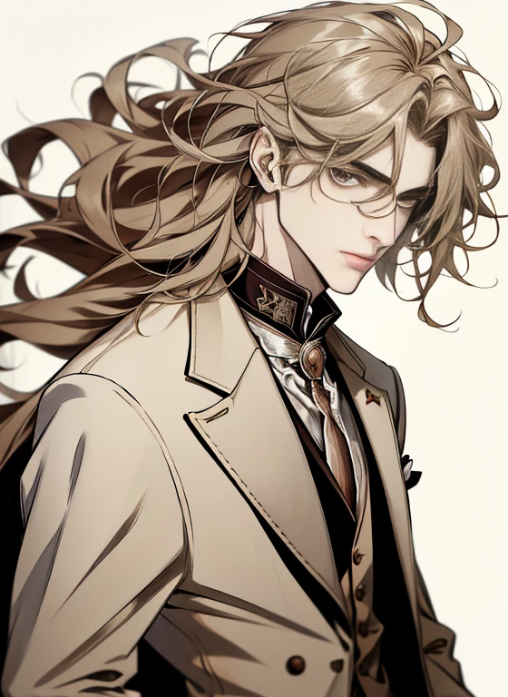 Portrait of a man in his 20s, 28 year old man, uncanny, melancholy, standing, Above the waist, hands down, ((beige three piece suit)), ((hair between the eyes)), long side hair, bangss, ((looking ahead at viewer)), Messy hair, Hair to the shoulders, beige hair, Pale skin, brown dark eyes, (((gender neutral))), Game Graphics, White background, Late 19th century