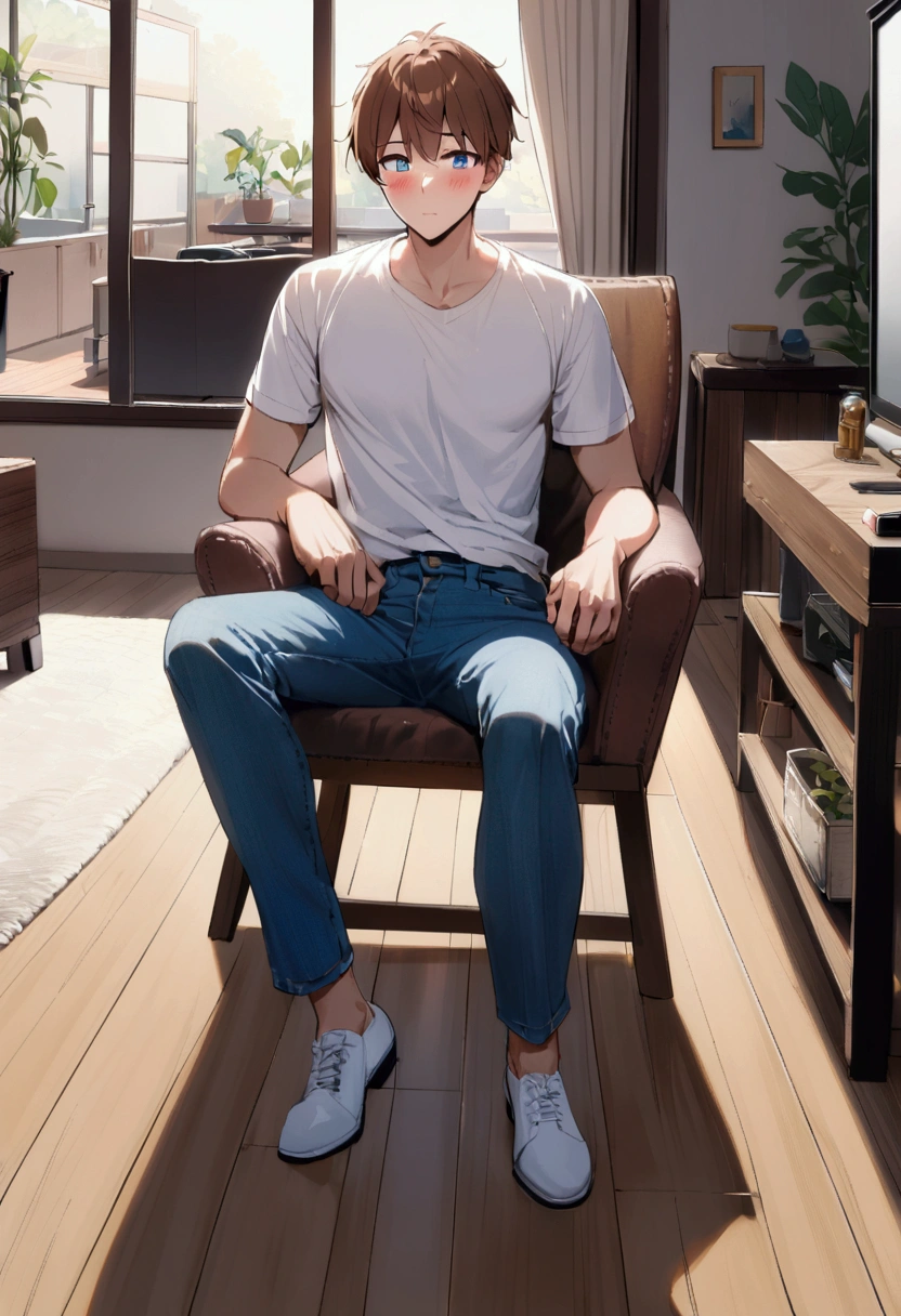 1man with short brown hair, blue eyes, tall, , white t shirt, jeans, blush, living room, on chair