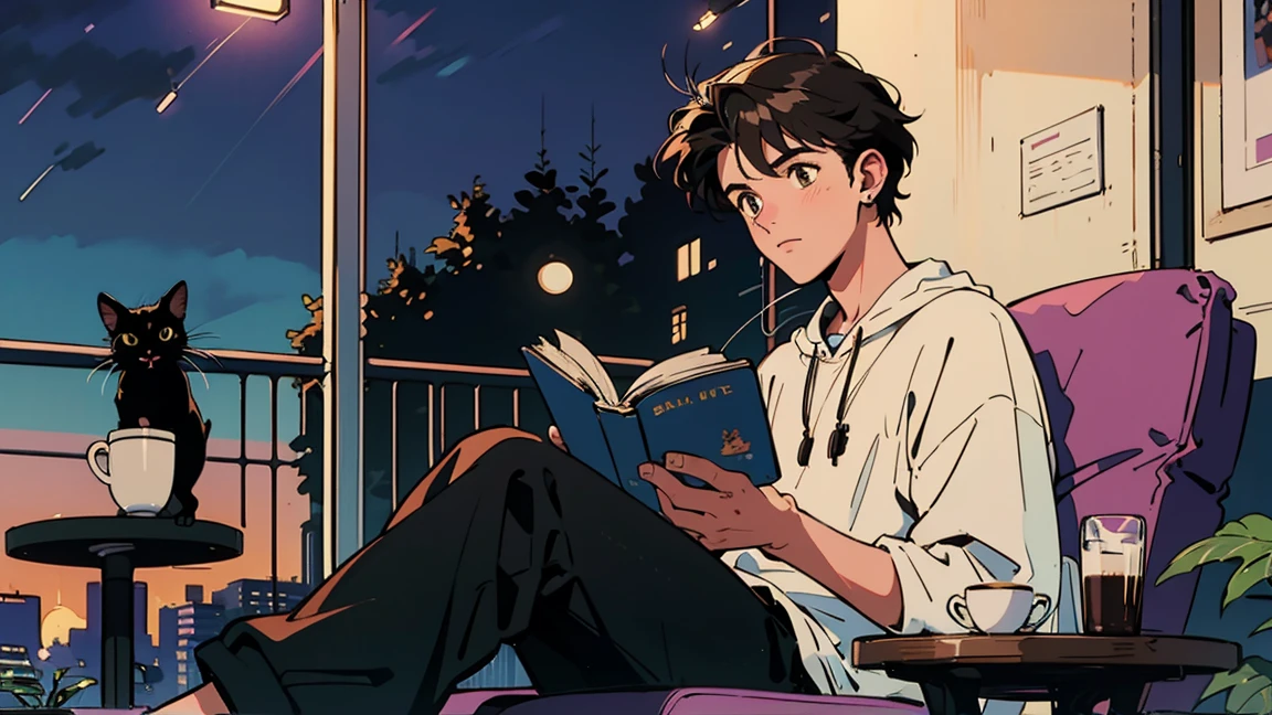 best quality, 8k, 1990s style,2010s hairstyles, 21-year-old boy, black hair, light brown eyes, city pop, pants ,night view, wearing headphones,reading a book, whole body,  relax coffee,table,confection,Looking at me, Black cat
