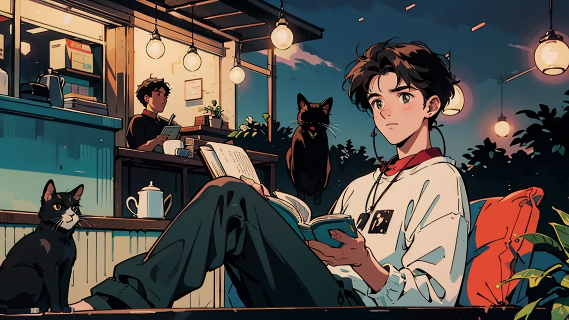 best quality, 8k, 1990s style,2010s hairstyles, 21-year-old boy, black hair, light brown eyes, city pop, pants ,night view, wearing headphones,reading a book, whole body,  relax coffee,table,confection,Looking at me, Black cat
