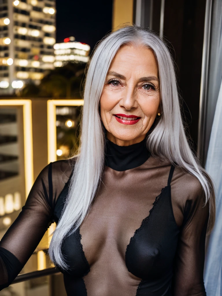 night, soft lights, old women Sixty years old, red lips, long-long white straight hair, hair on her eye, she smiling, posing on huge night balcony, staying and posing for photo, she weared black transparent bodysuit, older beauty, jaw dropping mature older beauty, old face and body with wrinkles, old face, attractive grandma, a gorgeous old silver hair, beautiful old grandma, lovely older mature grandma, gorgeous beautiful grandma over 80 years old, beautiful silver hair grandma, beautiful detailed body and face, a beautiful old grany, black lace bodysuit on her