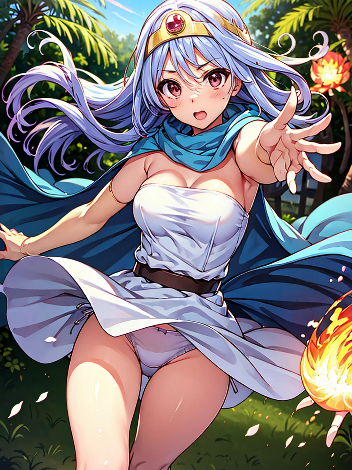 (A woman is shooting fireballs from the palm of her hand, Cast a spell, Windでスカートがめくれている, White panties:1:3), masterpiece, Highest quality, 4K, 8k, Blue Hair, White Dress, Red eyes, Circlet, Cleavage, Blue Cape, depth, depth of field, Outdoor, nature, petal, Wind, beautiful, High resolution, Perfect lighting, Detailed face, Detailed body, masterpiece, Highest quality, Intricate details, High resolution, Perfect Face, Perfect Eyes