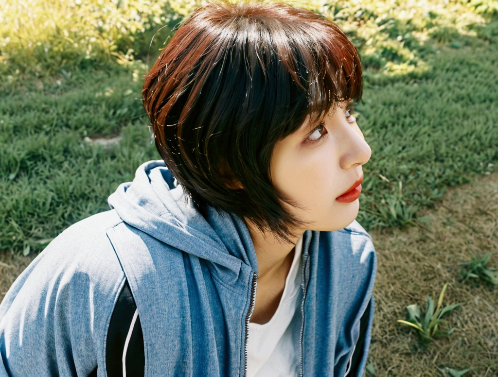 Creating an image of a woman seen from the side, Her gaze is on the camera. She has an elegant profile, Sun-kissed skin that delicately receives light. Her eyes, mysteriously decorated, Expression of confidence and charm. short medium hair., Capture this moment from a side angle, looking into the distance . 1 woman, ((36 years old 건강한 한국 여성)), ((36 years old)), 1 woman, short, Your eyes are big and pretty. ((slim)), ((short medium hair)), laugh. pose: standing, Luxury brand windbreaker jacket, casual pants, background: 1 woman, California, pasture, cow, grass, Full body shot with 35-70 lens, Look up to the side, I can see my whole body.