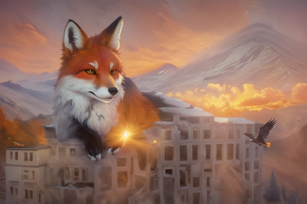 Magic Digital Illustration, surrealism, sunrise, abandoned city in the mountains, autumn, forest grow on the mountains, huge cute spirit fox lying on a building, mountain eagle flying in the foreground, the sun is shining on the right, calm peaceful atmosphere, natural light, magical light, visible brush strokes, (( Artem Chebokha, Devin Elle Kurtz, (Rossdraws style) )), Peter Morbacher style, awarded at artstation, cinematic light