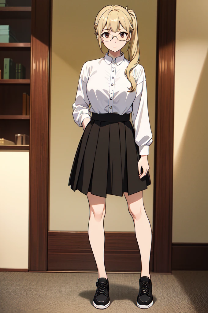 woman, ((Masterpiece, best quality)), girl,1girl, (medium breasts),((excited face)),((hyper detailed perfect eyes)),((huge blond ponytail)),intricate eyes,beautiful detailed eyes,symmetrical eyes,(spider lower abdomen,narrow waist,wide hip,athletic body,inflated legs,thick thighs),(detailed face),beautiful detailed lips, (((college girl, college))),((school girl outfit, school girl)),((skirt,black skirt,cleavage,frilled skirt,micro,skirt frills)),((white shirt,skinny shirt,thighhighs,white thighhighs )), ((silky material)) (cute pose:1.0),(((full body:1.5,front view:1.3))), highly detailed, cinematic lighting, ultra realistic, blush, looking at viewer, ((takatekote)), college background, ((schoolyard:1.2))