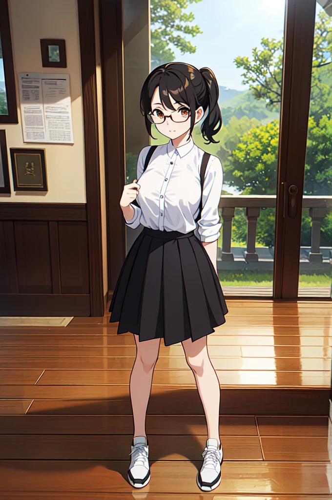 masterpiece, 32k, extremely detailed, finely detail, intricate details,
BREAK
(absurdres:1.1, highres:1.1, ultra detailed:1.1),
insanely detailed, absurdres,
(high resolution:1.1, ray tracing:1.1, refraction:1.1)
(1 female, 独奏:1.3),
BREAK
perfect symmetrical face, pony tail, Long Flared Skirt, trainer, ((Glasses)), 黒髪
BREAK
(((full body))), standing,
BREAK