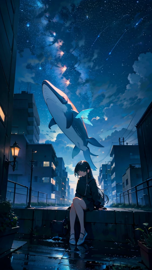 masterpiece, Exquisite detail,Highest quality, One girl, alone, handrail, cloud, Looking up at the buildings,Long Hair, NULL, Long sleeve, Power lines, White footwear, Black Hair, View your viewers, Electric pole, bangs, cloudy NULL, fish, bird, Green Eyes, Shorts, Day, Black Shirt, barefoot,Whale flying in the sky,Giant whale,night,star,milky way,night,Pitch black,Buildings,Sitting