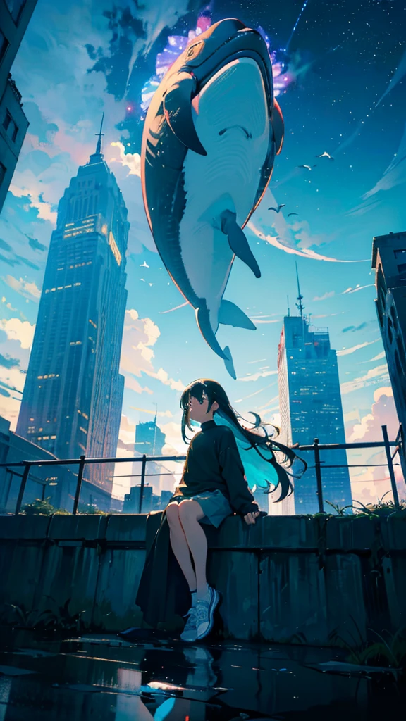 masterpiece, Exquisite detail,Highest quality, One girl, alone, handrail, cloud, Looking up at the buildings,Long Hair, NULL, Long sleeve, Power lines, White footwear, Black Hair, View your viewers, Electric pole, bangs, cloudy NULL, fish, bird, Green Eyes, Shorts, Day, Black Shirt, barefoot,Whale flying in the sky,Giant whale,night,star,milky way,night,Pitch black,Buildings,Sitting