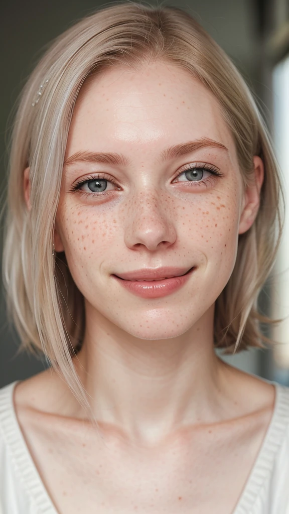 Woman, americana, age 25, pale skin and freckles, gray eyes, delicate nose, soft and delicate lips, far away, cabelo blondie far away e ondulado na altura da cintura, sweet smile, face with delicate feminine facial features, highly rendered