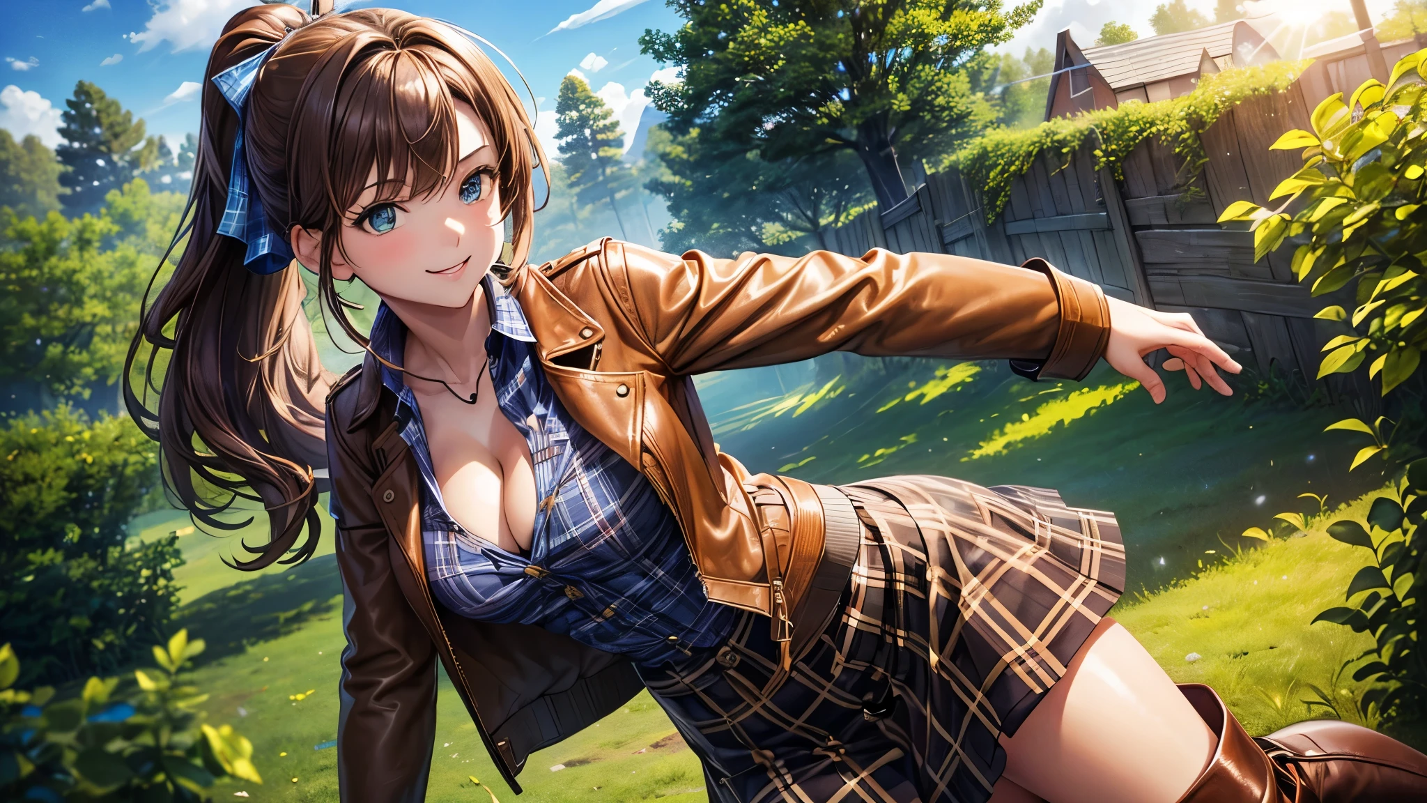 1girl, solo, village, trees, sun, clouds, ((brown hair)), ponytail, large breasts, ((brown leather jacket)), button down shirt, ((blue checked shirt)), ((unbuttoned shirt)), unbuttoning buttons, cleavage 1:3 green eyes, long skirt, brown boots, smile, happy, looking at the viewer, standing, hair ribbon, golden necklate